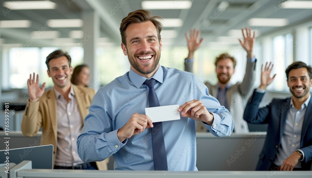 Obraz premium Corporate success celebration in modern office with smiling professionals holding cheque