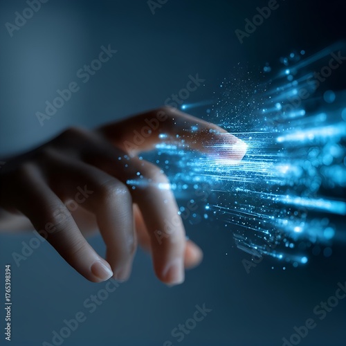 close-up of woman’s hand using holographic digital interface with futuristic blue light