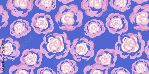 Colorful seamless vector floral pattern with hand drawn abstract roses in pink tones on a blue background. Perfect for textiles, wallpapers, packaging, romantic themed designs.