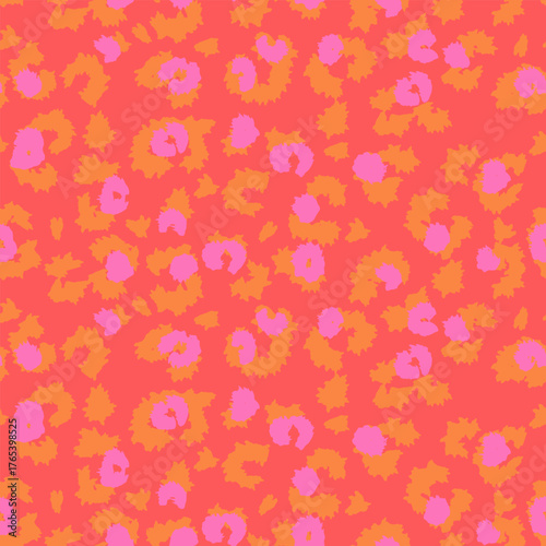 Trendy seamless leopard print vector pattern with a red background, vivid orange outlines, and pink accents. Perfect for fashion, kids wear, stationery, and playful branding projects