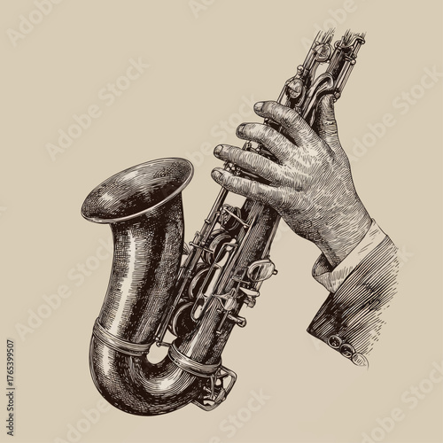 Intricate engraving of a hand playing a saxophone, showcasing musical instrument detail.
