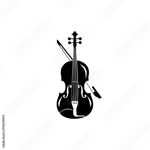 A black and white illustration of a violin with its bow resting on the strings.