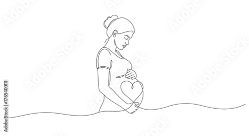 One continuous line illustration of a pregnant woman with a heart shape embracing her baby, eps 4