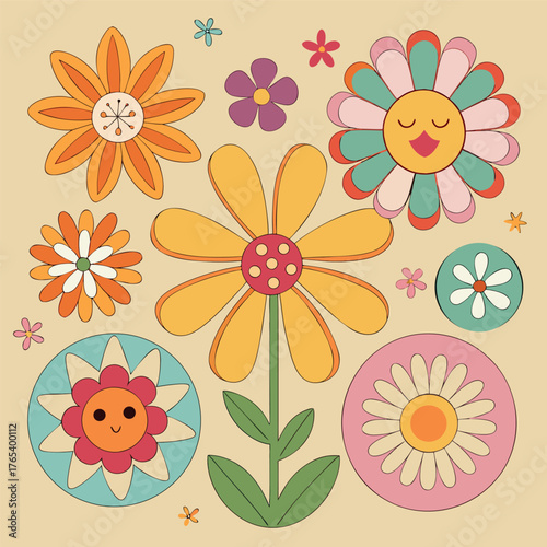 Colorful floral illustration with cheerful daisies and blooming petals on a soft pastel background