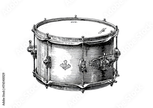 Vintage black and white illustration of a snare drum, a percussion musical instrument.