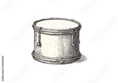 An antique snare drum, depicted in a detailed black and white engraving, showcasing its cylindrical form and intricate design.