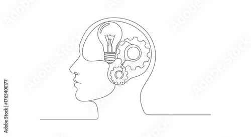 Continuous one line drawing of a human head profile with internal gears and a lightbulb, representing creative thinking and new ideas