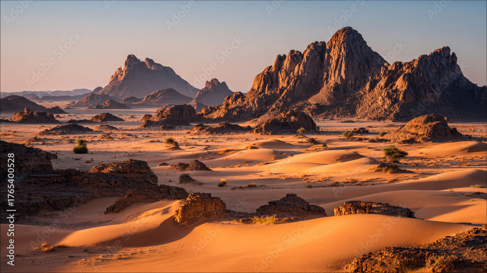 Naklejka premium Desert landscape, sand dunes and rocky mountains sunset. Dramatic view sahara. Red Mars like landscape. beautiful rock formations. Orange red sand desert, rocky formations and mountains background.