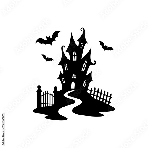 Silhouette of a spooky haunted house with bats flying around, isolated on transparent background