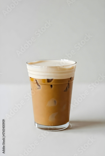 Refreshing iced coffee with creamy foam topping in a clear glass