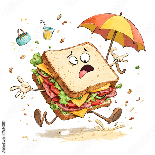 Sad sandwich character caught in a downpour under a small umbrella isolated on transparent background