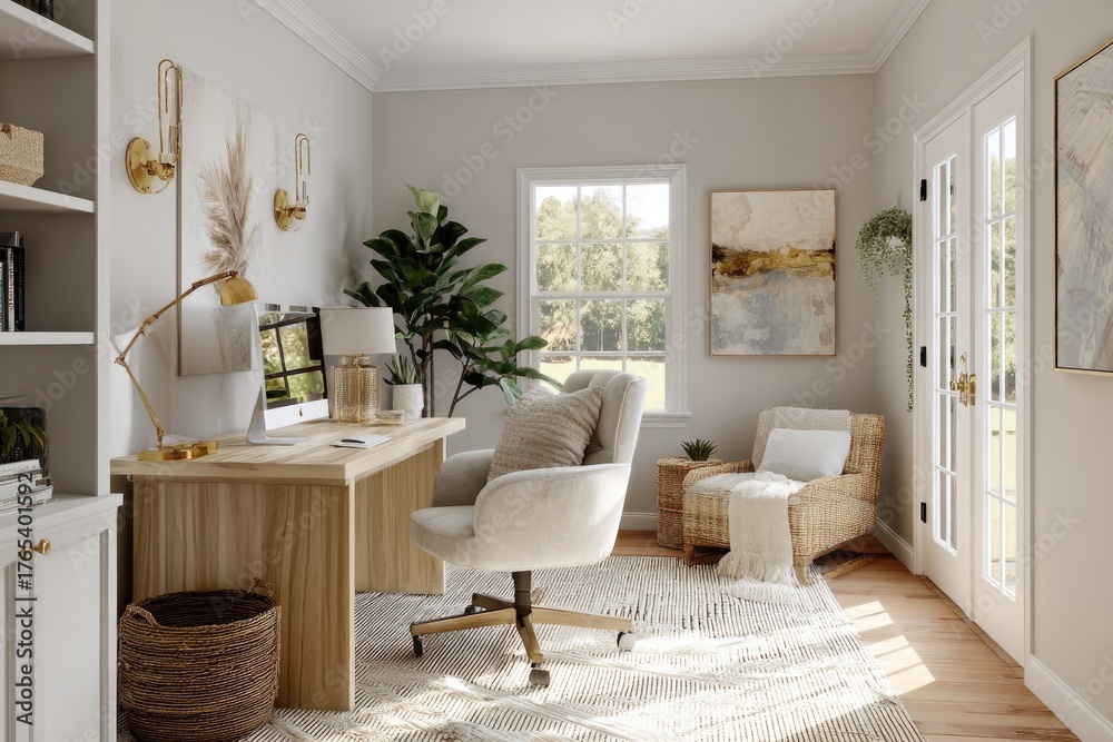 Fototapeta premium cozy modern home office with neutral palette and jazz-inspired calm vibe