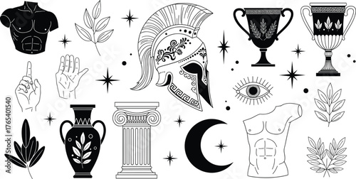 Ancient Greek vector elements, classical art symbols, mythology illustration, Corinthian helmet, Ionic column, amphora vase, hand gestures, eye motif
