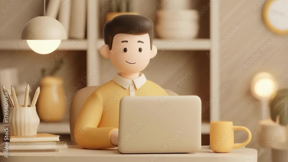 A cartoon person sits at a desk typing on a laptop in a cozy home office with a lamp, books, a mug, and shelves in the background.