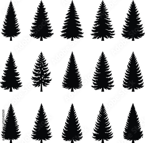 Pine tree silhouette grid, black vector set, winter forest shapes, conifer tree collection, nature pattern design, seasonal illustration, isolated evergreen icons