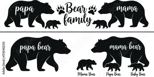 Bear family silhouette set, black vector illustration, papa mama baby bear design, wildlife graphic, nature theme, cute animal icon, isolated layout