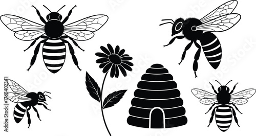 Bee, flower, and beehive silhouette vector set, black and white nature icons, editable illustration for pollination, insect, garden, honey, ecosystem design