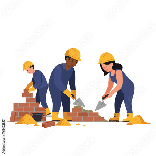 Construction workers are laying bricks and applying mortar to build a sturdy wall using professional tools, illustrated in a modern 2D flat style vector on a clean white background.
