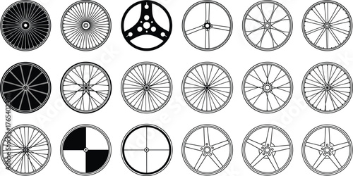 Bicycle wheel silhouette vector set, black and white spoke icons, editable illustration for cycling, mechanics, sport, gear, transportation, design layout