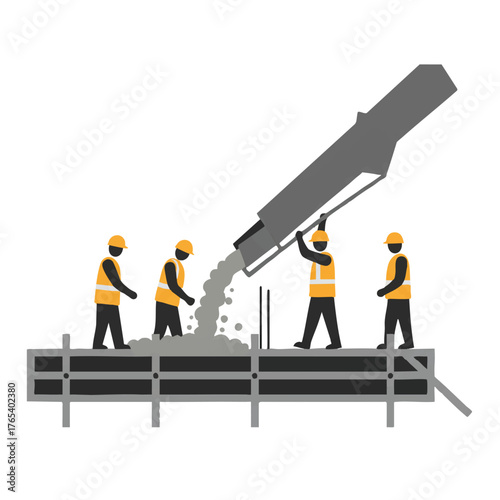 Construction workers are actively pouring concrete mixture onto a new foundation slab using a large chute, depicted in a modern minimal 2D flat illustration against a crisp white background.