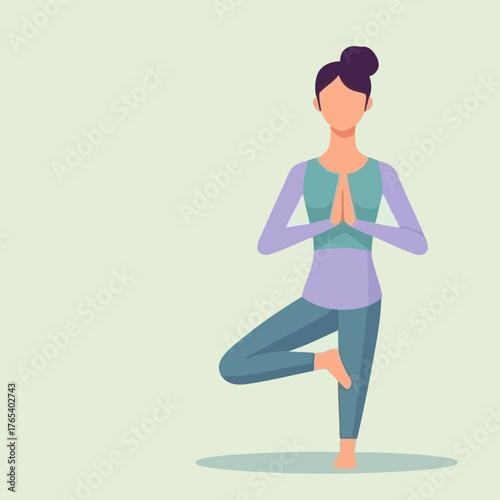 A woman in athletic wear performs the Vrksasana yoga pose, also known as the Tree Pose, on a plain background.
