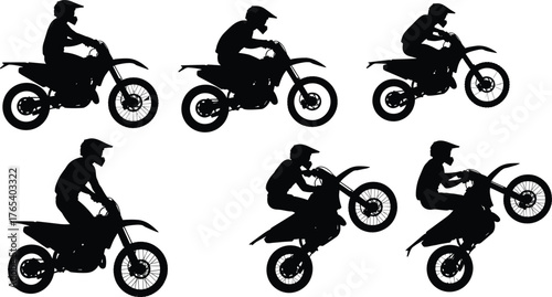 Dirt bike rider silhouette vector set, black and white motocross icons, editable illustration for sport, stunt, extreme, racing, outdoor motion design