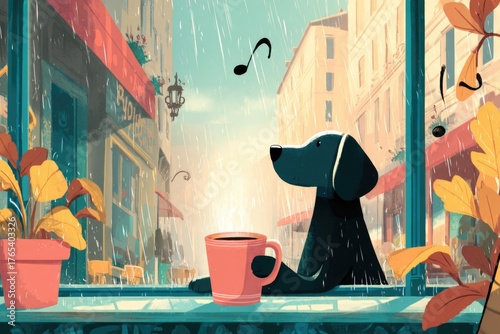 cute café scene with dog holding coffee mug, rain pouring outside and jazz notes in the air