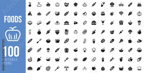 Collection of 100 diverse food icons representing a wide variety of healthy and delicious culinary items