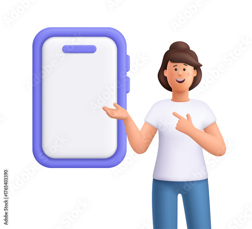 Young smiling woman Jane pointing at large blank smartphone screen smartphone display. Communication, digital lifestyle, presentation concept. 3d vector people character. Cartoon minimal style.