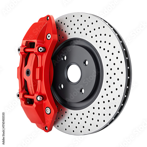 High performance red brake caliper and drilled rotor on black background