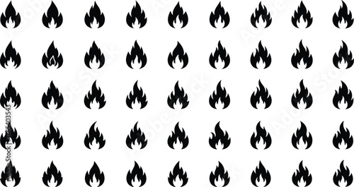 Flame icon grid, black fire symbols, stylized burning shapes, vector illustration, heat concept, minimal design, abstract pattern, isolated graphic elements