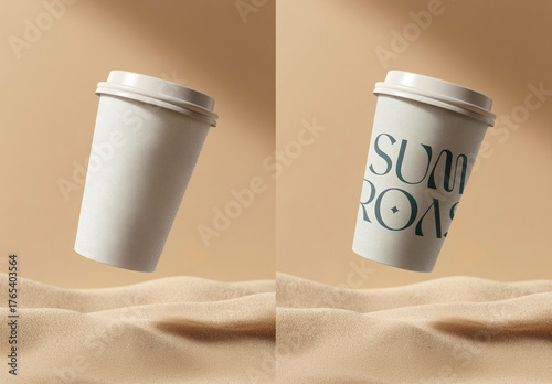Floating Coffee Cups Mockup In Desert PSD