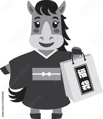 福袋を持つかわいい馬　白黒