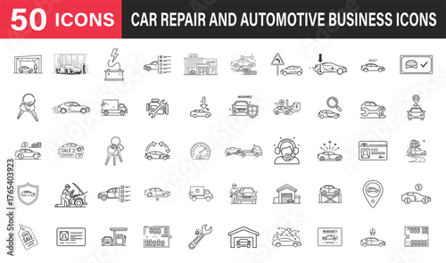 Car Service and Dealership Line Icons – Repair, Insurance, Rental, Warranty