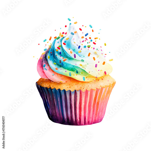 Delicious rainbow frosted cupcake with colorful sprinkles isolated on transparent background