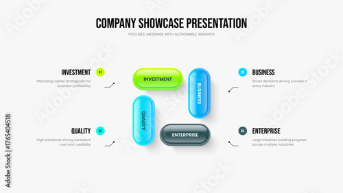 Market Review Slideshow Layout Vector Illustration. Service Insight 4 Element Infographic Slide Template. Sales Briefing Four Option Diagram Frame Design.