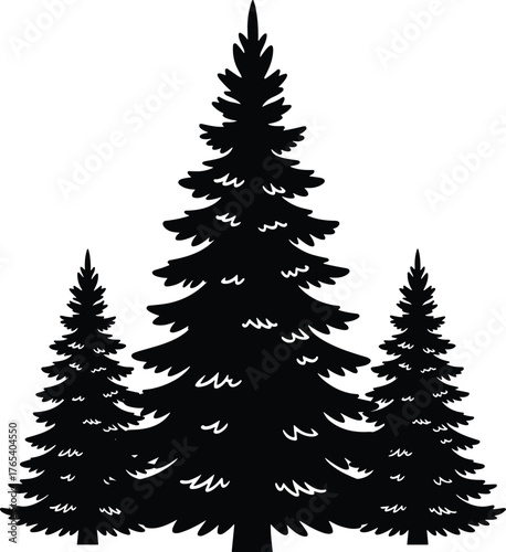 Three pine tree silhouettes with central tall evergreen, black vector illustration, forest nature design, winter outdoor graphic, seasonal conifer shape composition
