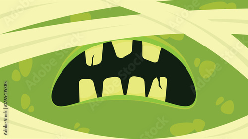 Green mummy monster cartoon background with funny teeth and wrapped bandages, perfect for Halloween designs and spooky kids illustrations.