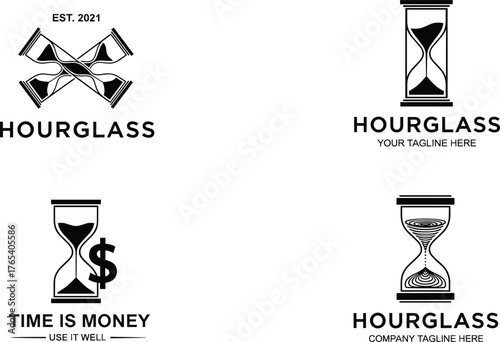 Hourglass logo vector set, black and white time-themed designs with sand, money, tagline elements for business, branding, minimalist, concept themes