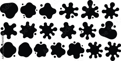 Ink blot silhouette set, black vector illustration, abstract splatter shapes, psychological test elements, artistic stain design, minimal graphic, isolated collection