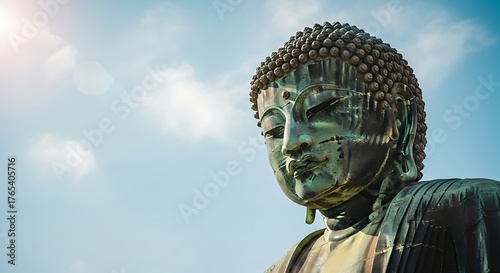 Close-up of the Great Buddha statue in Kamakura, Japan against a blue sky.