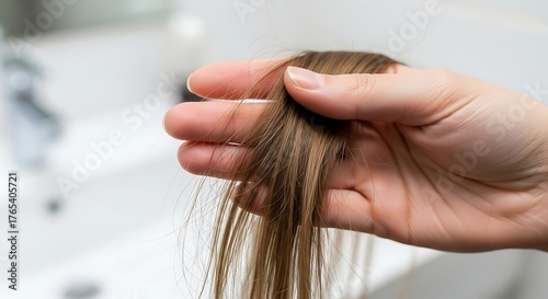 Close-up of a hand holding and inspecting a strand of brown hair, highlighting hair care concerns.
