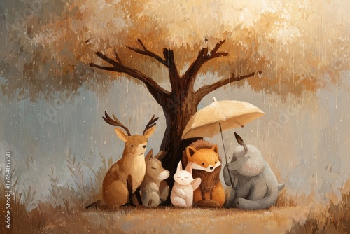 dreamy painterly illustration of animals relaxing together under tree during soft rain, warm cozy tone