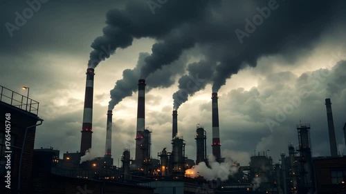 Industrial cityscape with billowing smoke against a moody sky