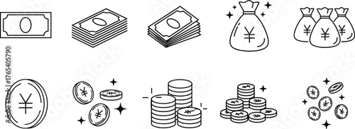 Japanese yen currency vector set, banknote and coin illustrations, financial symbol icons, money bag graphics, black line art, economic design assets
