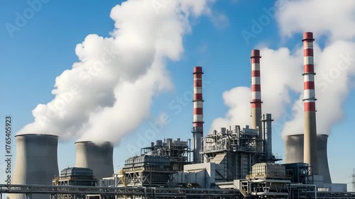 Industrial complex emitting smoke against a cloudy sky