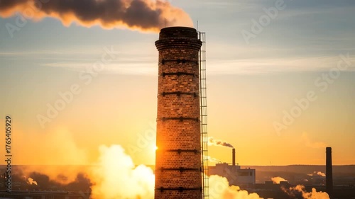 Industrial chimney silhouette against sunset sky