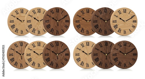 Collection of Wooden Clock Faces with Roman Numerals in Various Shades.