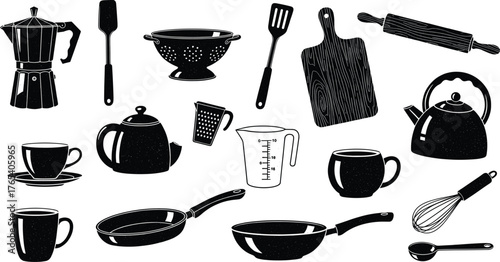 Kitchen utensil silhouette vector set, black and white cooking tools, editable illustration for culinary, food prep, home, restaurant, chef design