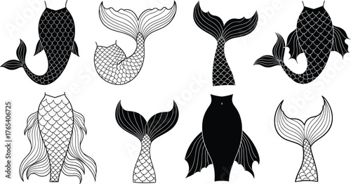 Mermaid tail vector set, fantasy sea creature silhouettes, aquatic design elements for ocean illustration, mythical character art, underwater graphic bundle